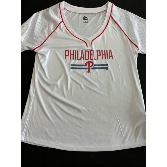 Philadelphia Phillies Majestic Women's Shirt M  V-Neck Baseball White New MLB - Picture 4 of 7